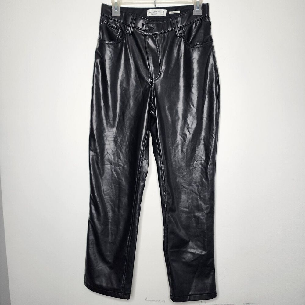 Abercrombie & Fitch Women 90's Straight Ultra High Black Vegan Leather Pant READ - Picture 2 of 10